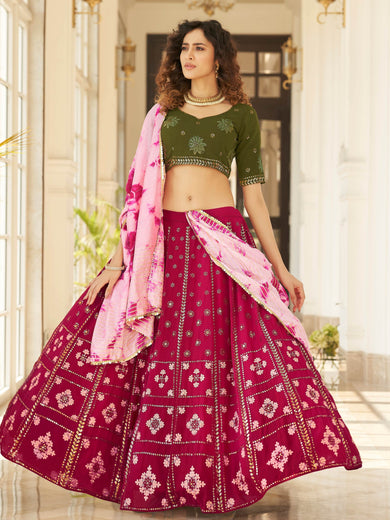 Good-Looking Deep Pink Georgette Thread Embroidered Festive Lehenga